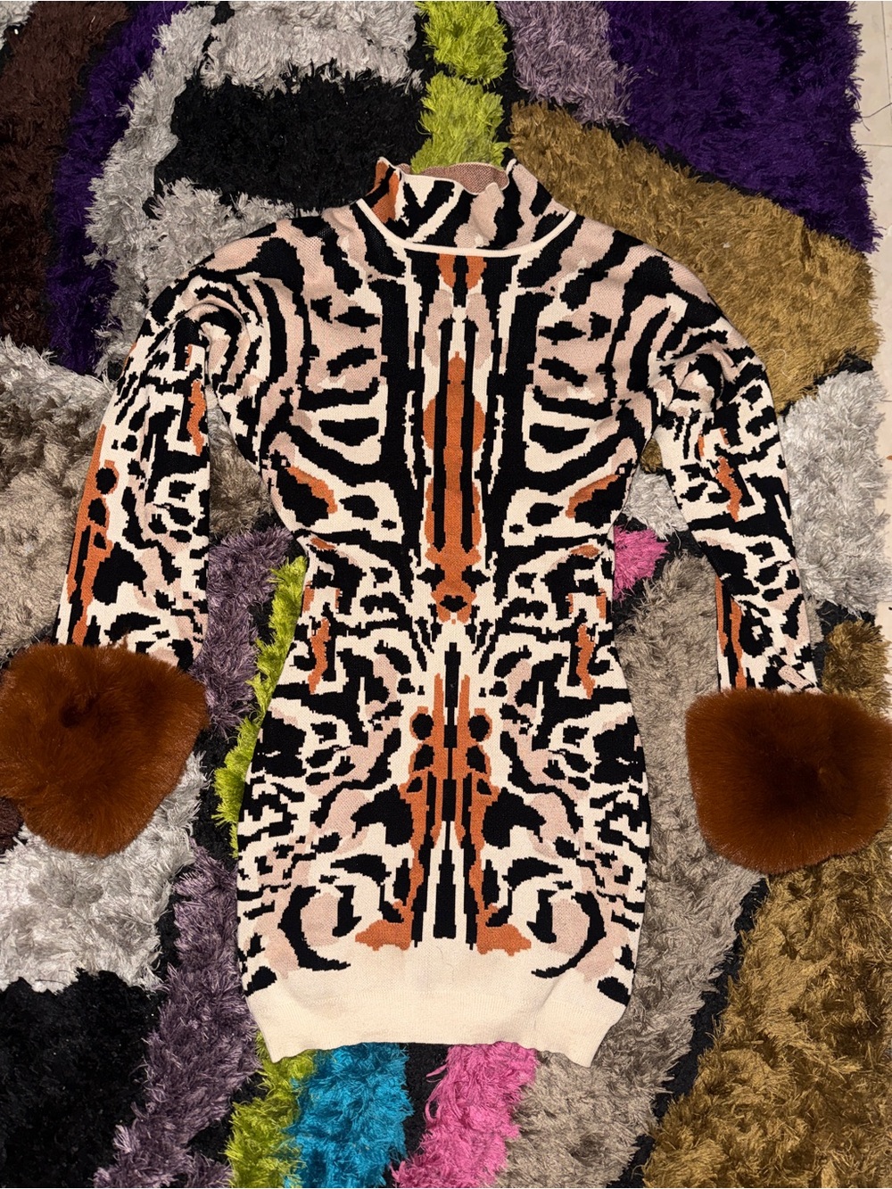 Fashion Nova Long Sleeve Knit Dress in Black, White & Brown with Faux Fur Cuffs